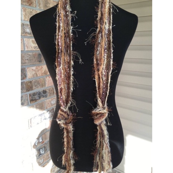 HANDMADE Necklace Scarf Brownie Dots Fringe Boho Eyelash Yarn Batik Fabric - Picture 1 of 4